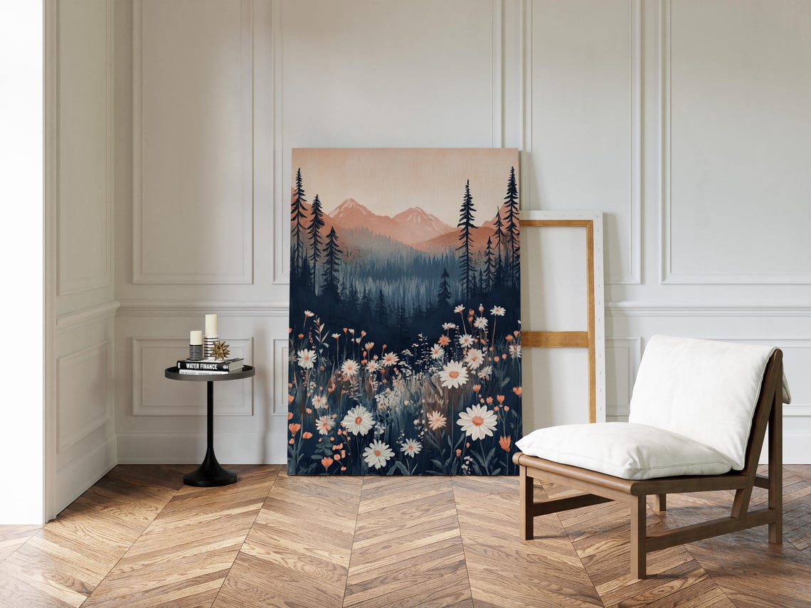 Serene Mountain Landscape With Daisies And Evergreen Trees Tranquil Nature Art For Home Decor - Image 4