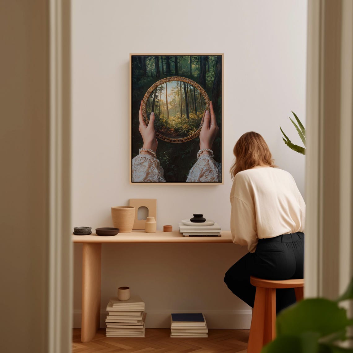 Hands Holding Antique Gold Mirror With Sunlit Forest View Poster - Image 5