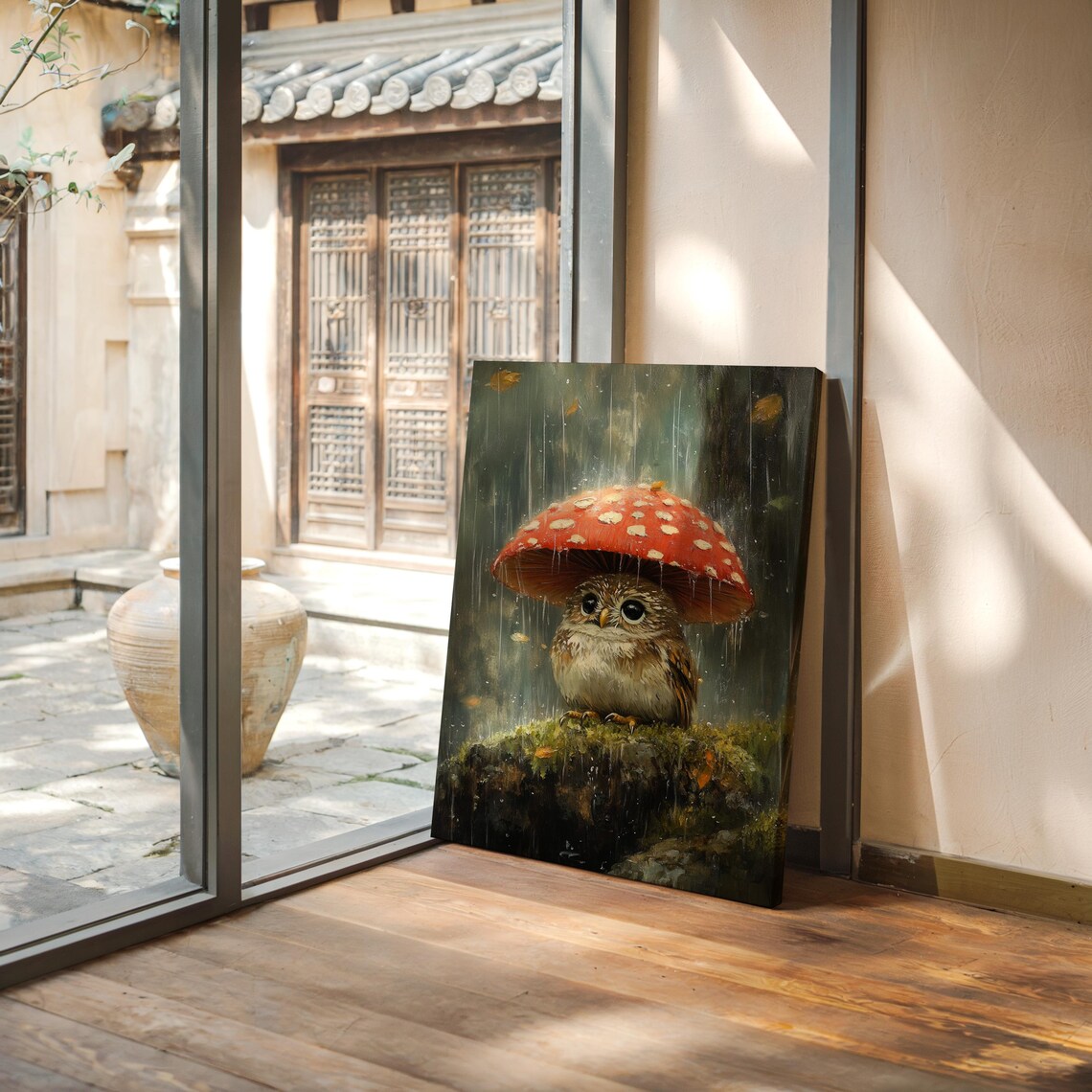 Adorable Owl Under Mushroom Art Print, Woodland Scene - Image 5