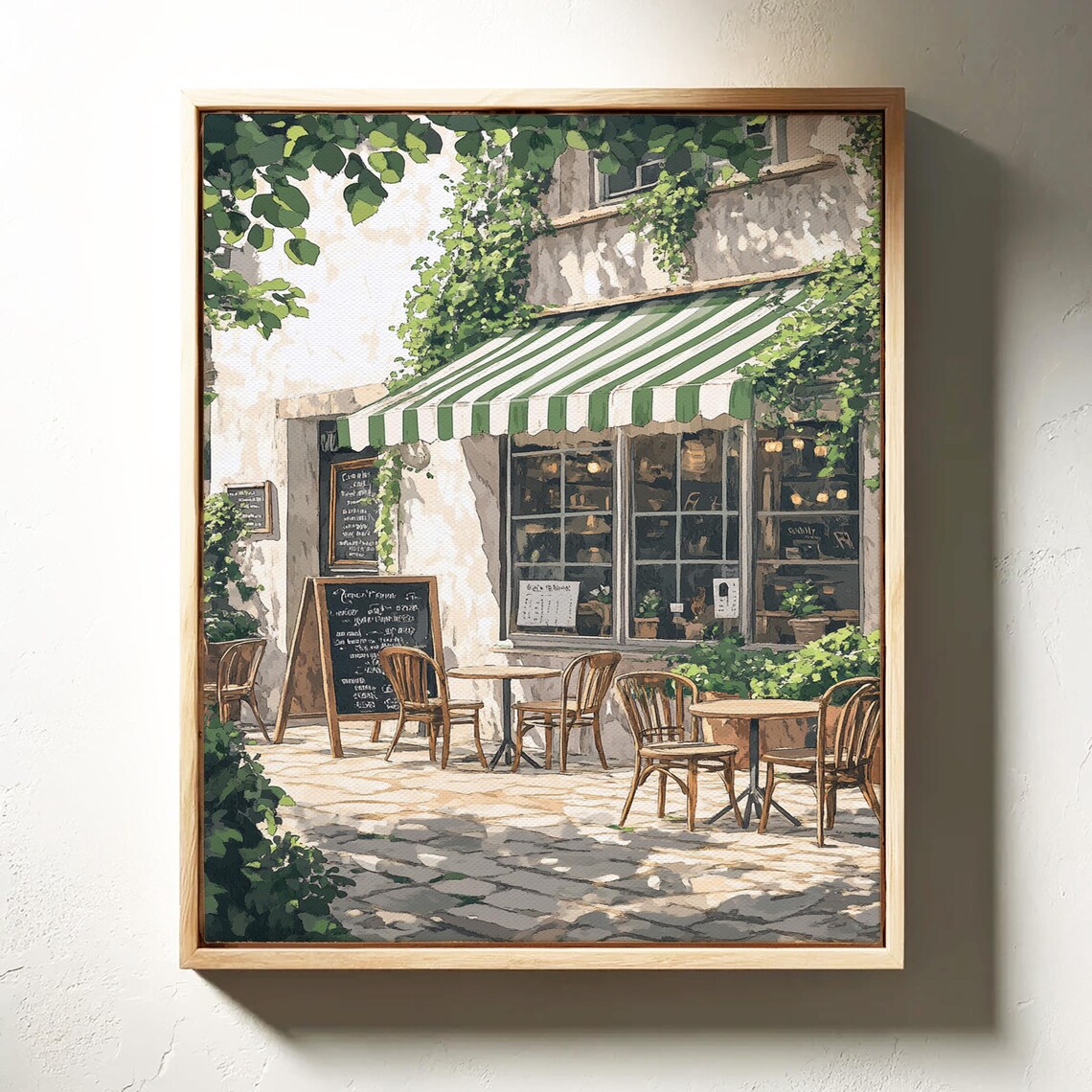 Vintage French Caf Wall Art Outdoor Bistro Scene With Ivy And Green Striped Awning European Coffee Shop Print - Image 4