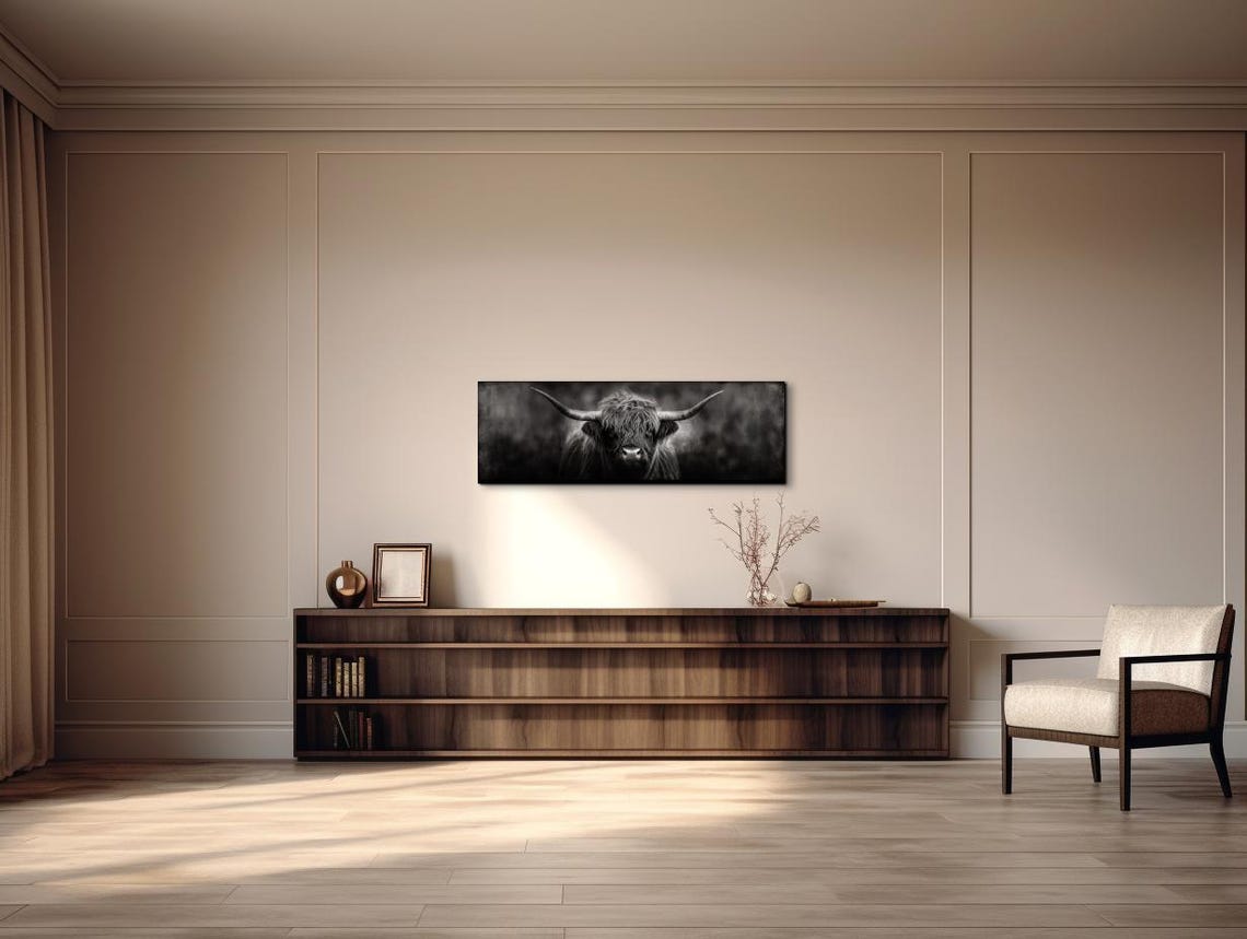 Highland Cow Portrait Black and White Panoramic Photo Poster - Image 6