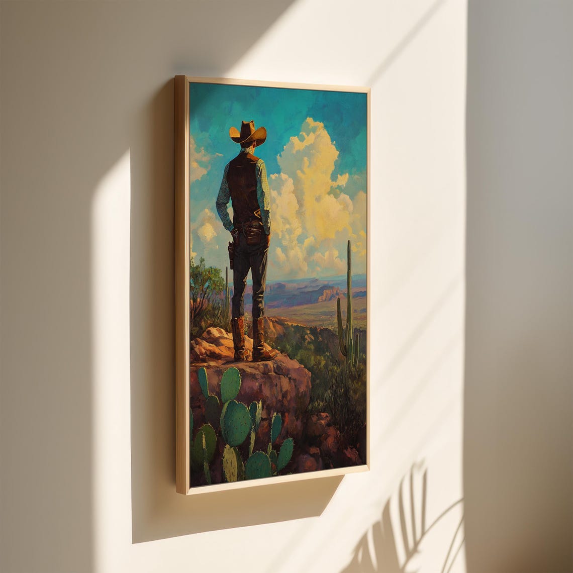Lone Cowboy Overlooking A Desert Canyon From Rocky Cliff Poster - Image 2