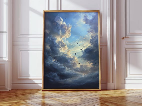 Dramatic Cloudscape Canvas Wall Art Moody Sky With Sunlight And Birds Stormy Blue Skies For Nature Lovers Atmospheric Decor