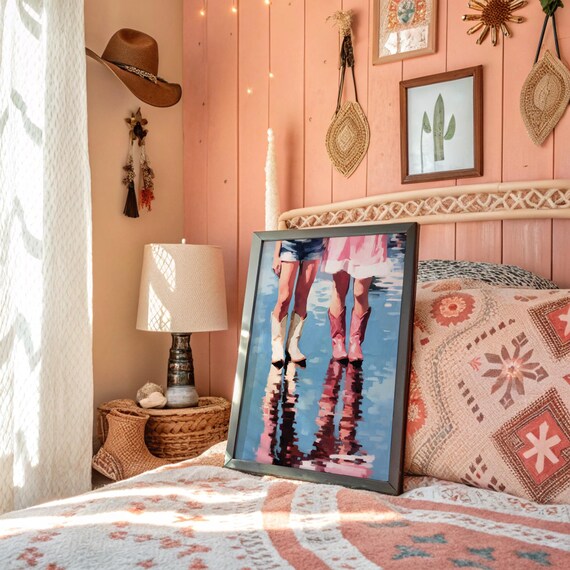 Cowboy Boots Reflections In Water Pink Summer Western Poster