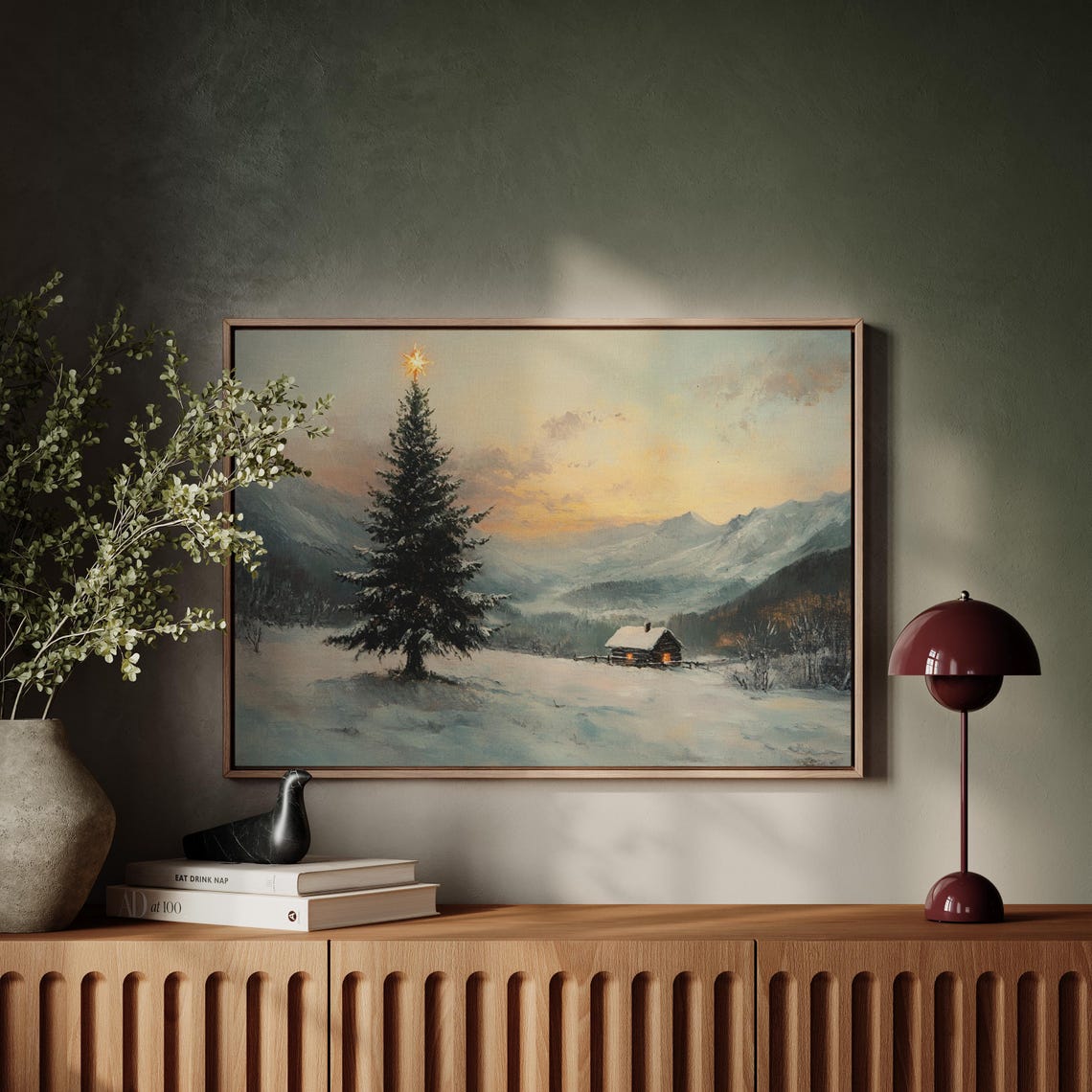 Tall Snowy Christmas Tree With Star Mountain Cabin Winter Poster - Image 3