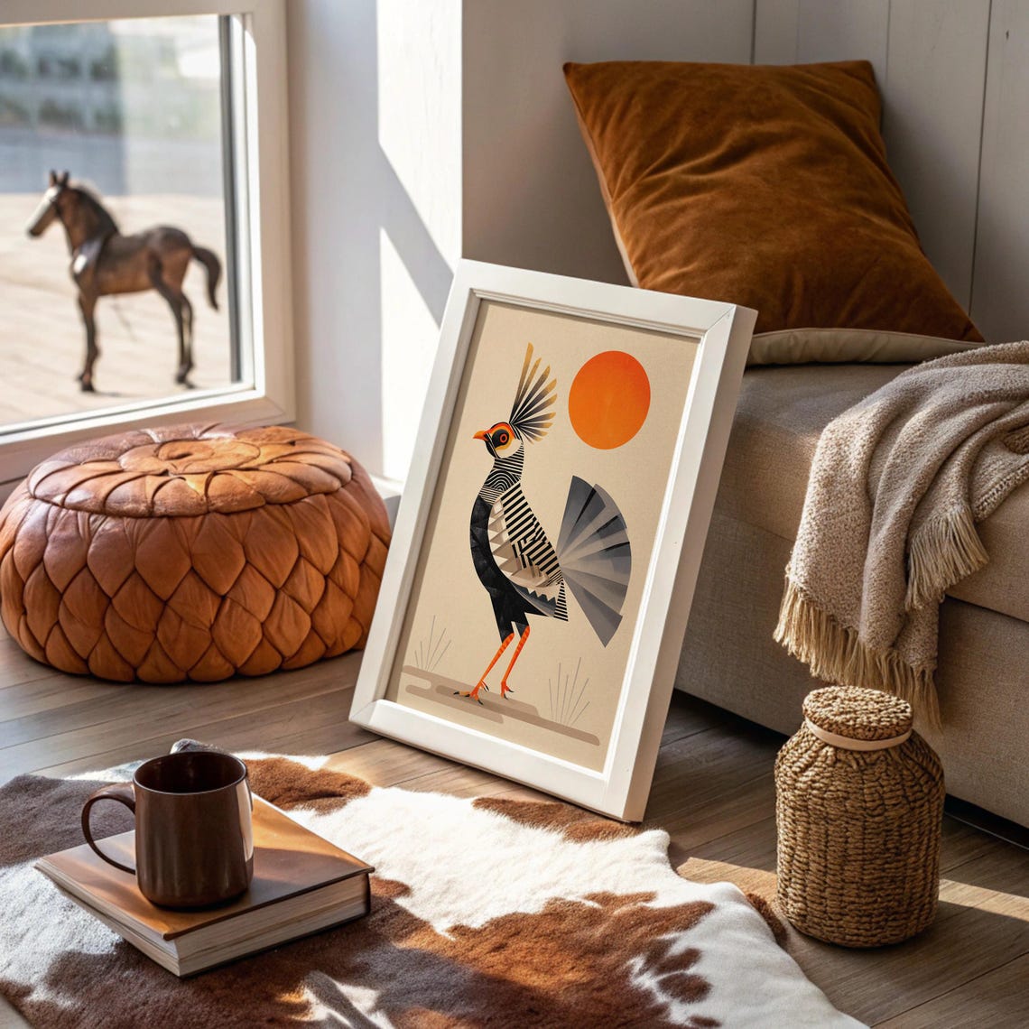 Geometric Stylized Crested Bird With Orange Sun Retro Art Poster
