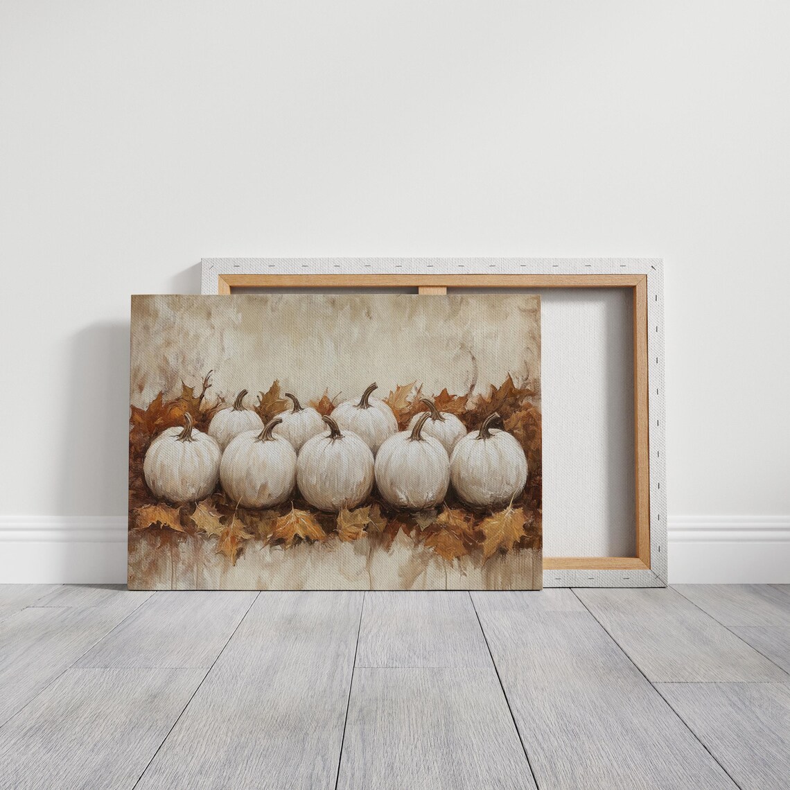 White Pumpkins Among Autumn Leaves Warm Farmhouse Fall Still Life Poster - Image 3