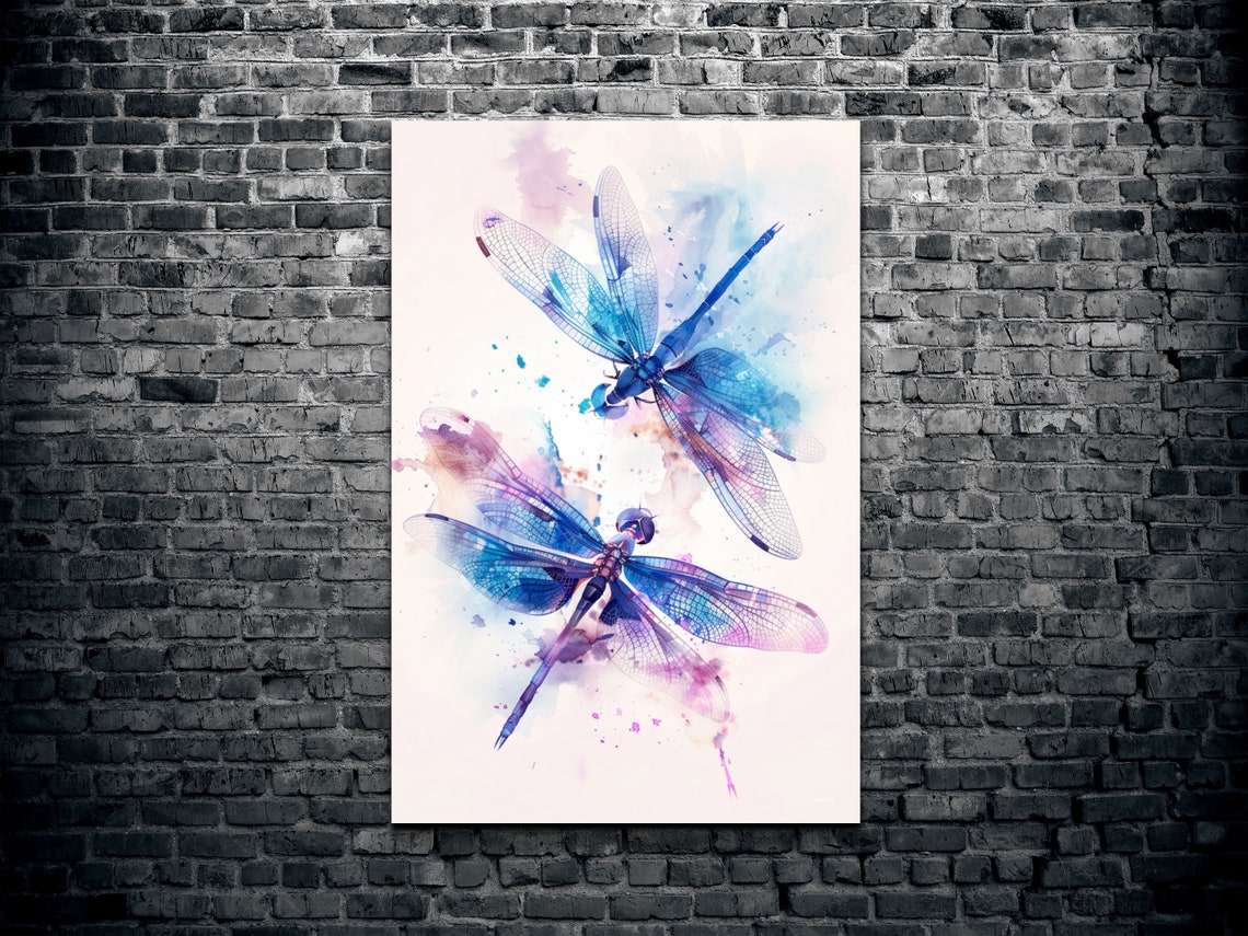 Two Delicate Dragonflies Dancing In Soft Blue Purple Watercolor Poster - Image 2