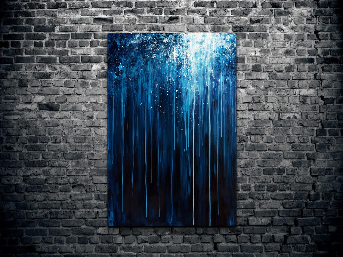 Midnight Blue Rain Streaks Abstract Moody Night Sky Art Poster - Image 2