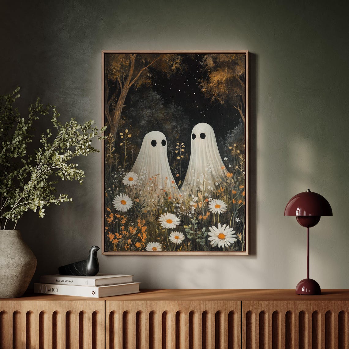 Two Cute Ghosts In Wildflower Night Meadow Under Starry Sky Poster - Image 2