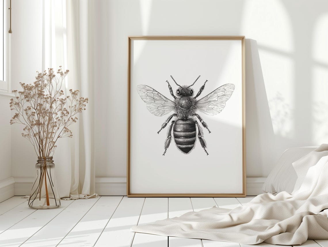 Detailed Honey Bee Illustration Poster Black And White Insect Drawing