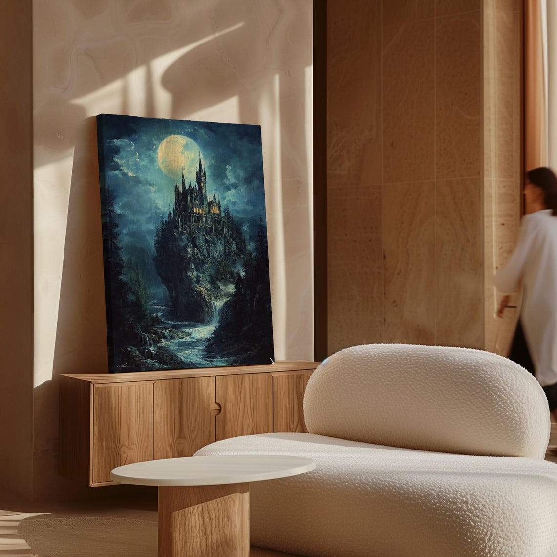 Gothic Castle On Cliff Full Moon Waterfall Enchanted Night Wall Art - Image 4