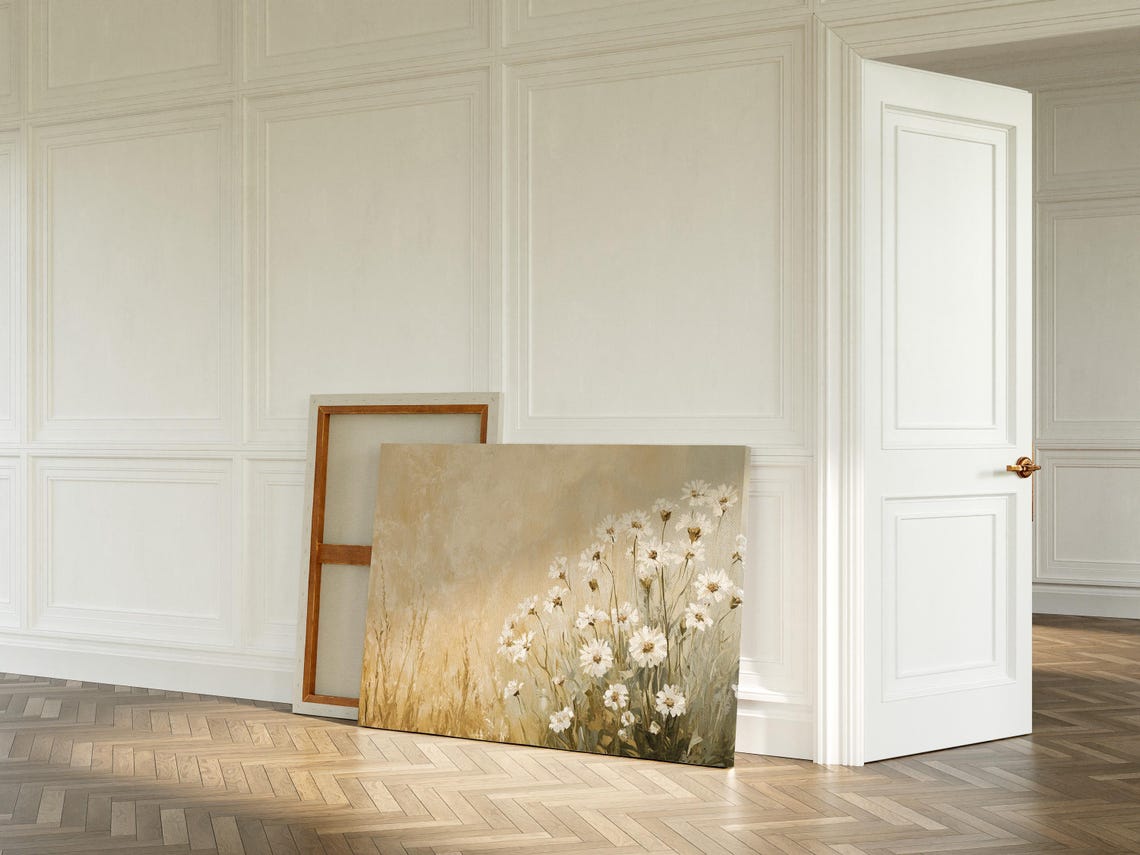 White Wildflowers Beige Minimalist Floral Botanical Wall Art - Image 3