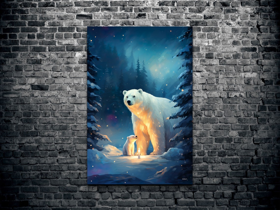 Polar Bear Mother Cub Snowy Night Forest Candlelight Art Poster - Image 2