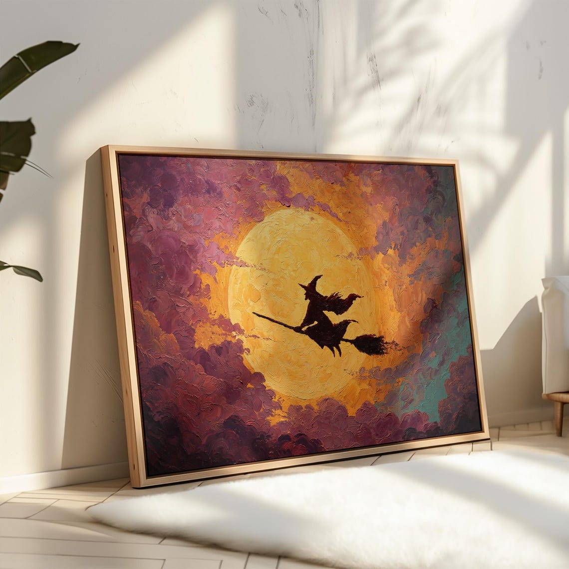 Witch Flying Across Full Moon Vibrant Impasto Halloween Sky Poster