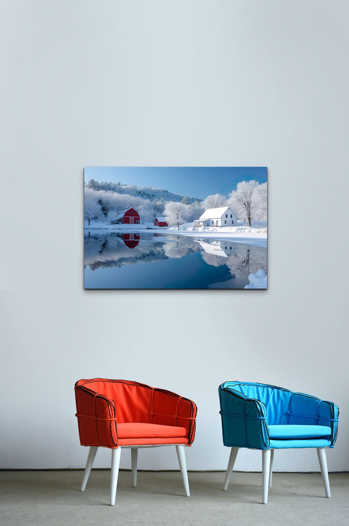 Red Barns White Farmhouse Winter Reflection Snowy Lake Poster - Image 4