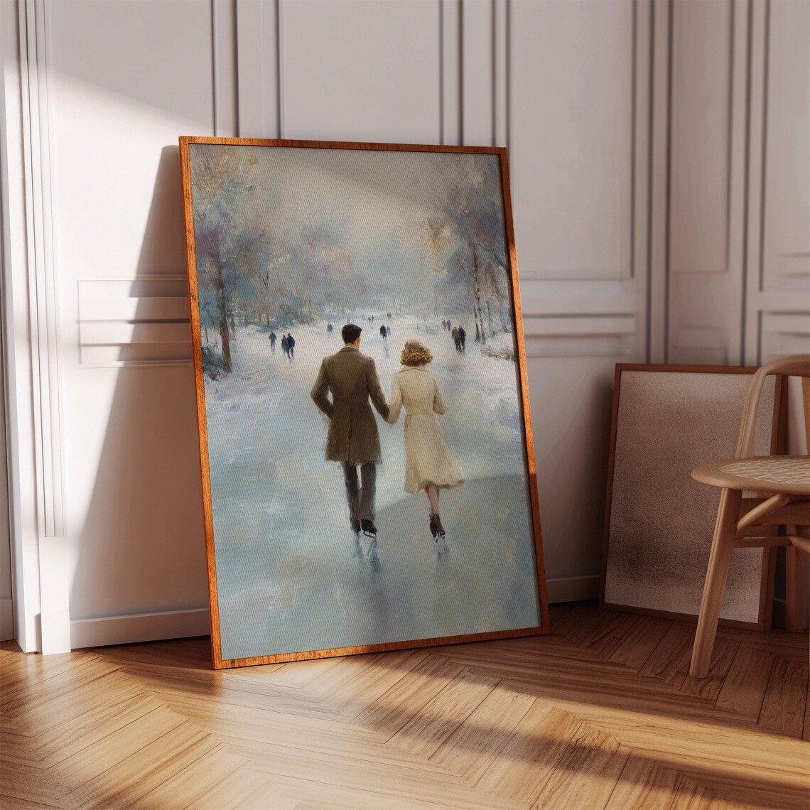 Romantic Winter Ice Skating Couple Misty Park Painting Poster