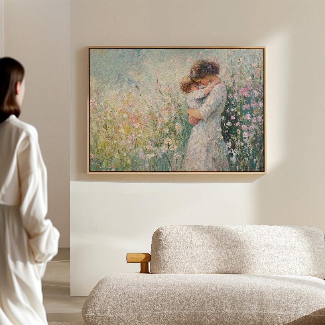 Mother And Child Hugging In Floral Field Art Impressionist Wall Decor Vintage Painting Of Motherhood And Natures Beauty - Image 7