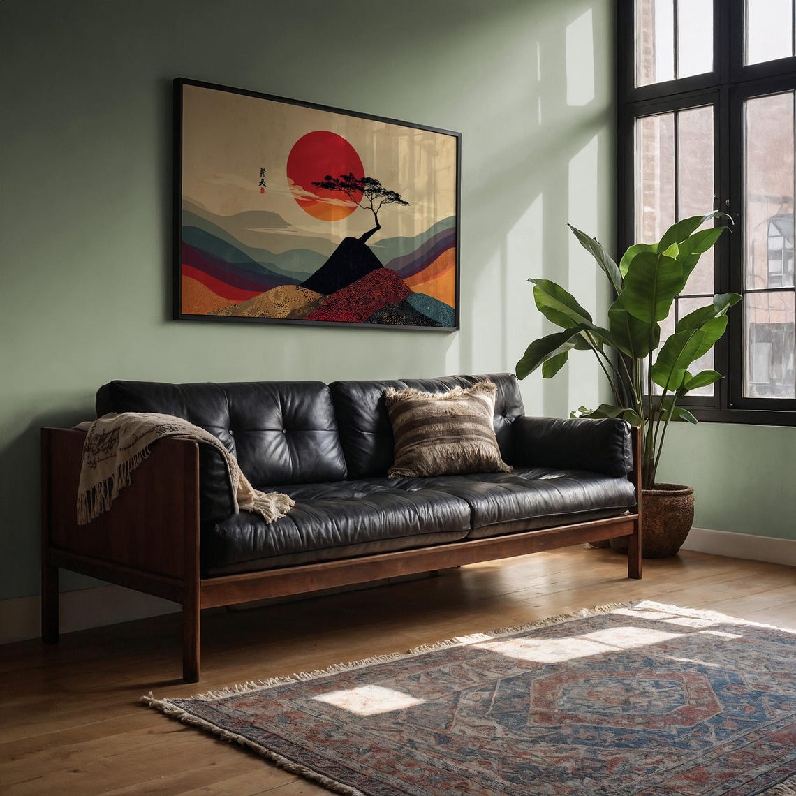 Solitary Tree Beneath the Red Rising Sun Japanese Mountain Art Poster