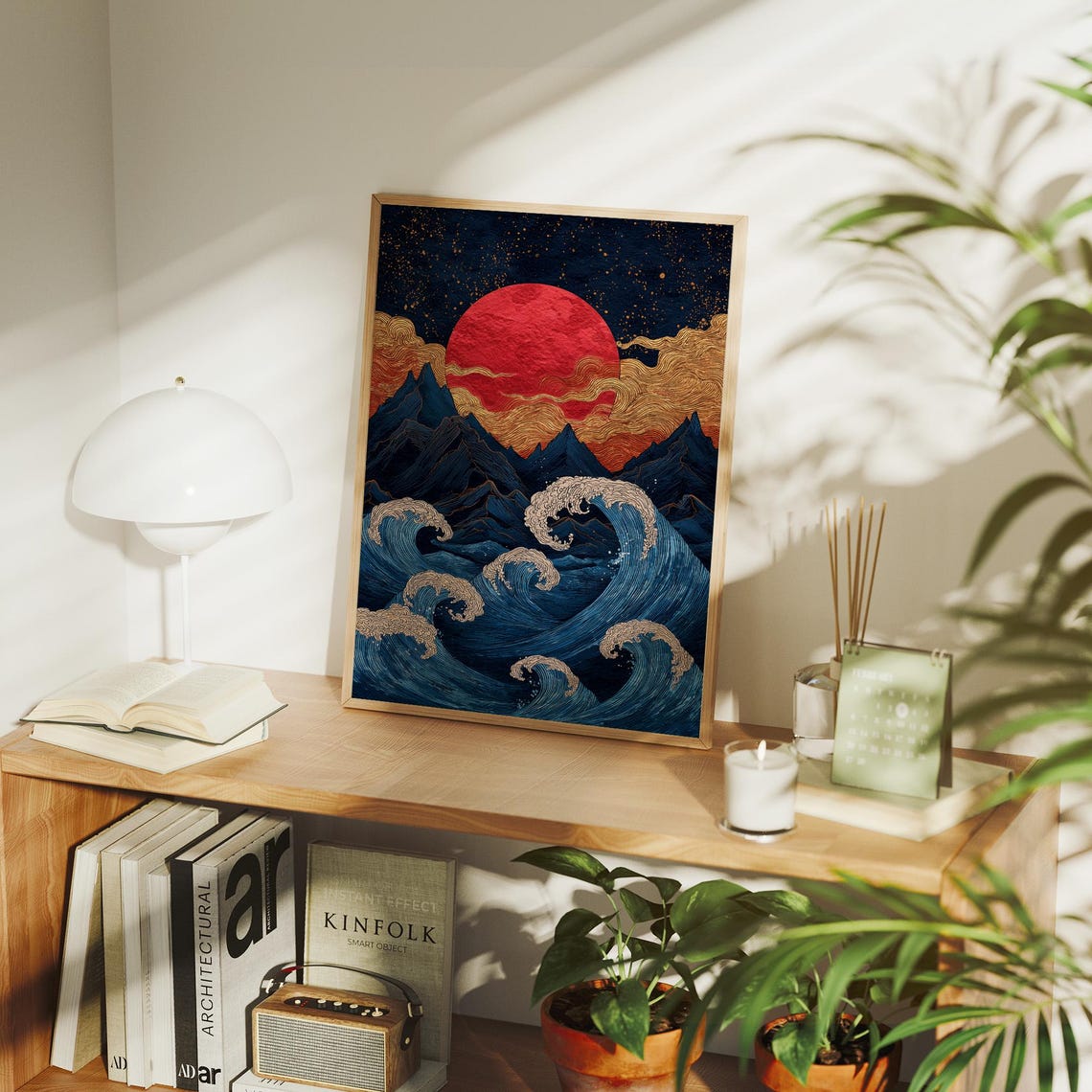 Crimson Sun Over Turbulent Ocean Waves Japanese Style Night Art Poster