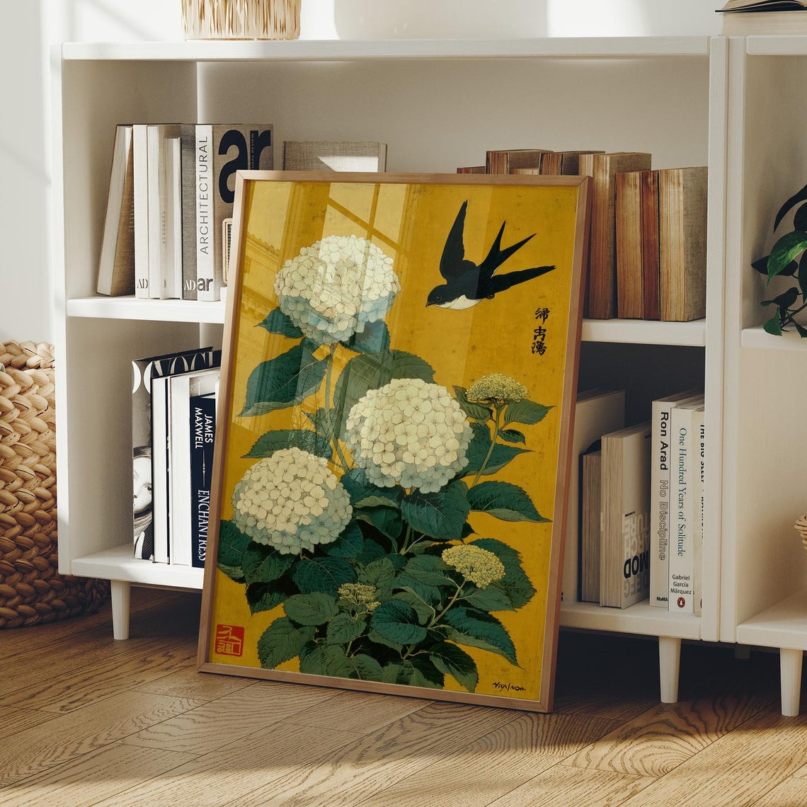 Swallow and White Hydrangeas on Golden Japanese Background Art Print