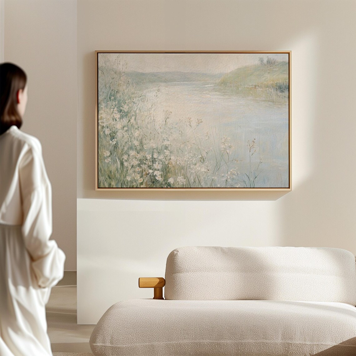 Tranquil Pastel Lake White Wildflowers Minimalist Landscape Poster - Image 3