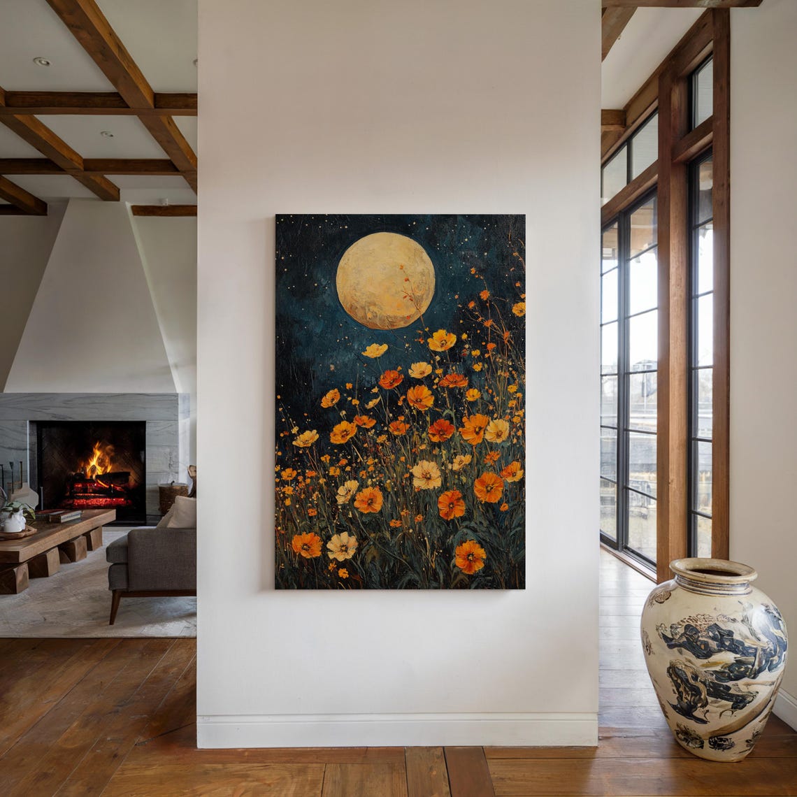 Moonlit Wildflower Meadow Golden Blooms Full Moon Night Art Poster - Image 4