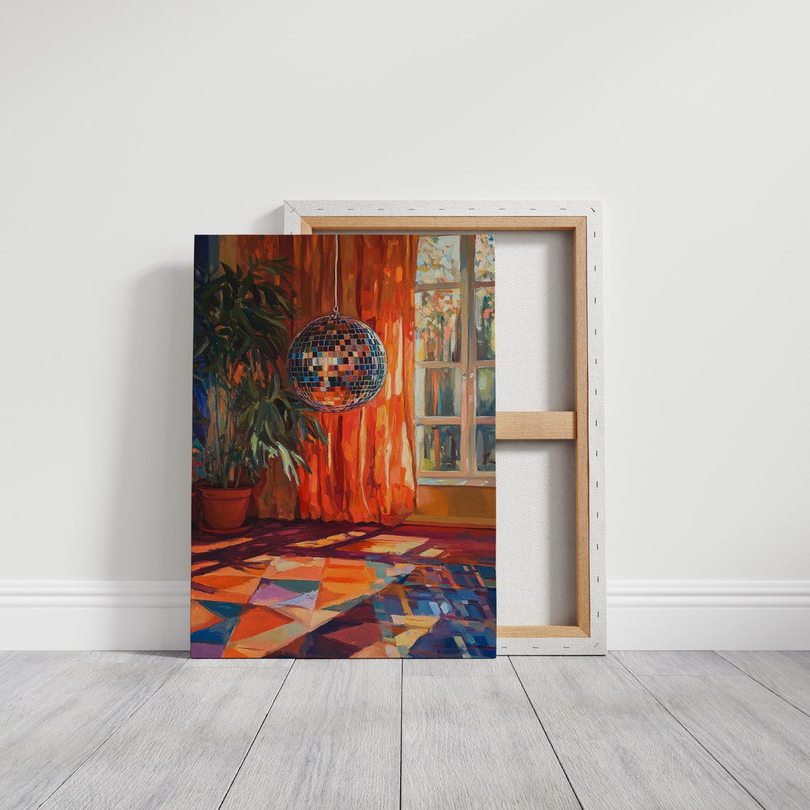 Shimmering Disco Ball in a Colorful Room With Orange Curtains Poster - Image 3