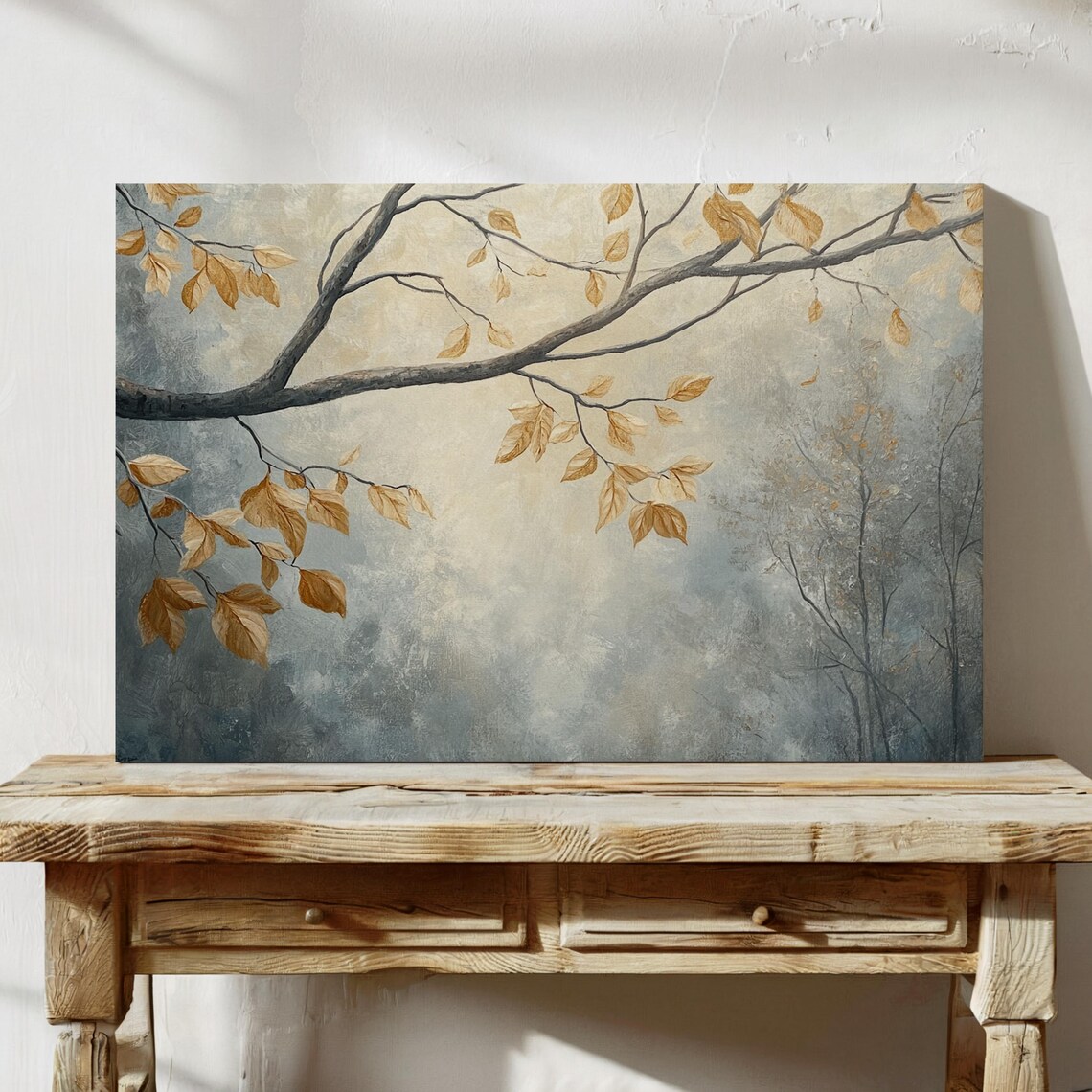 Minimalist Autumn Tree Branch Golden Leaves Misty Neutral Art Poster - Image 3