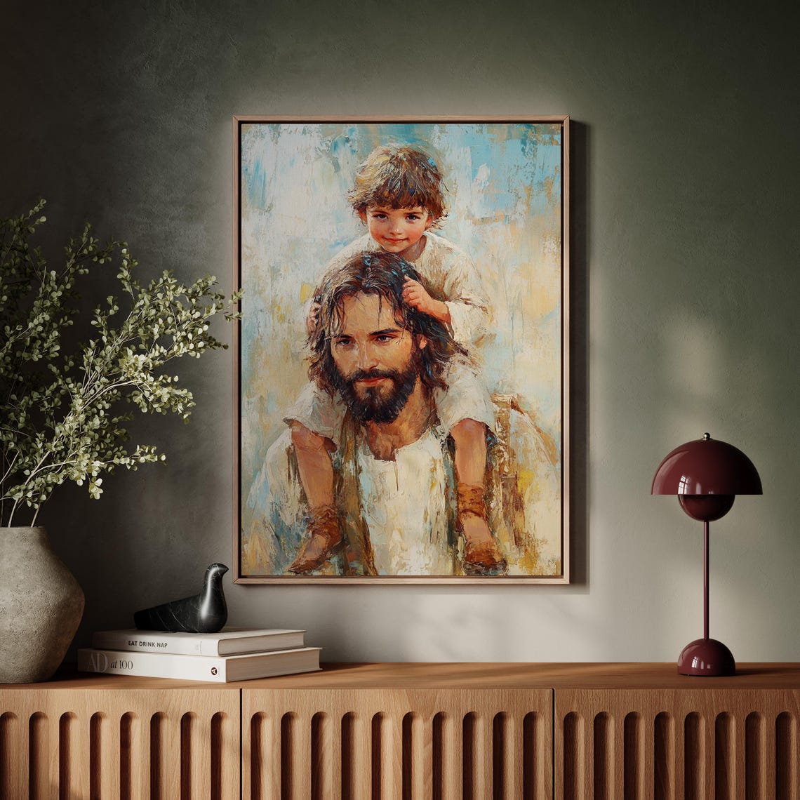 Joyful Child Riding on the Shoulders of Jesus in Soft Light Poster - Image 4