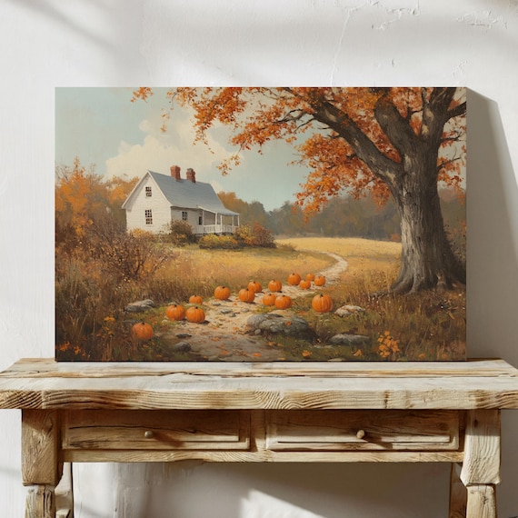 Rustic Fall Farmhouse With Pumpkins, Autumn Landscape