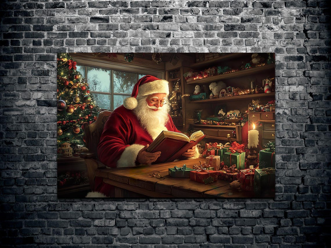 Vintage Santa Claus Reading Book Workshop Christmas Scene Poster - Image 2