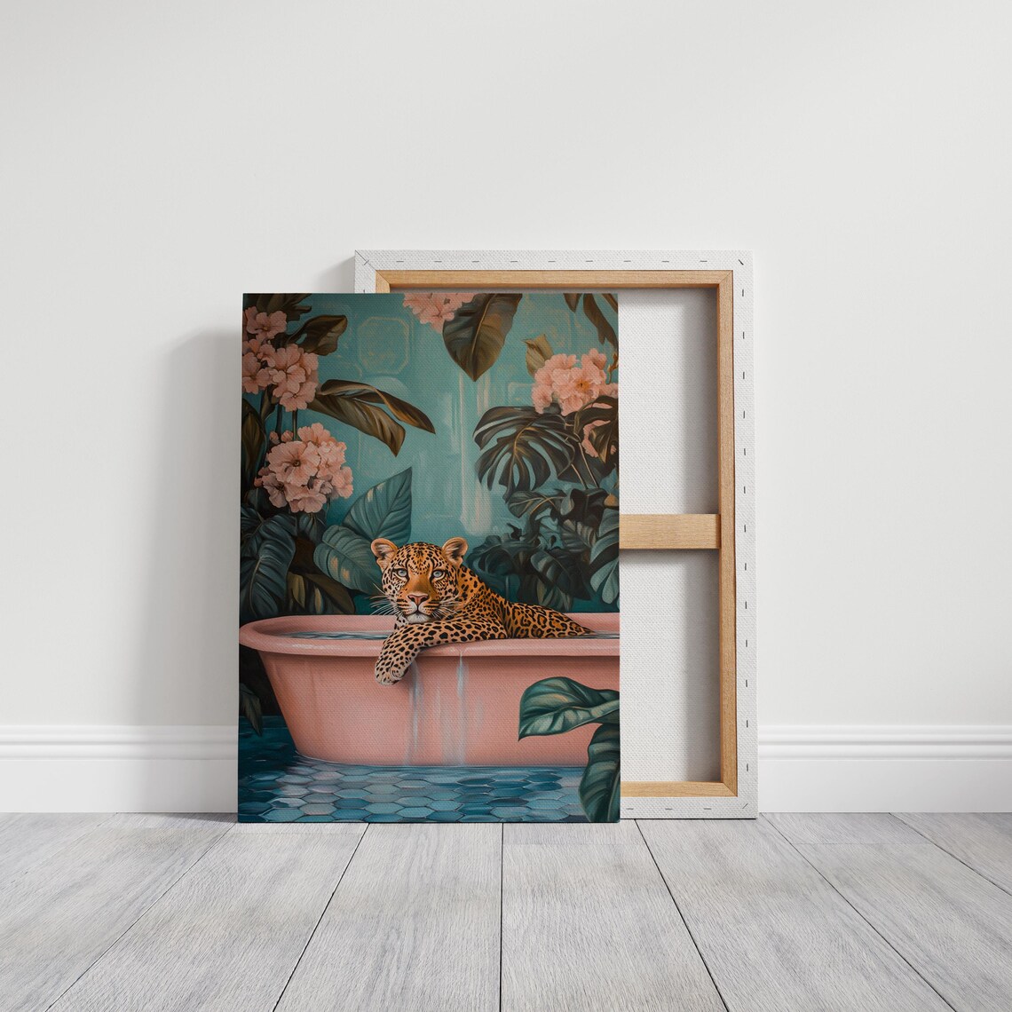 Leopard In Pink Tub Tropical Jungle Floral Bathroom Decor Poster - Image 3