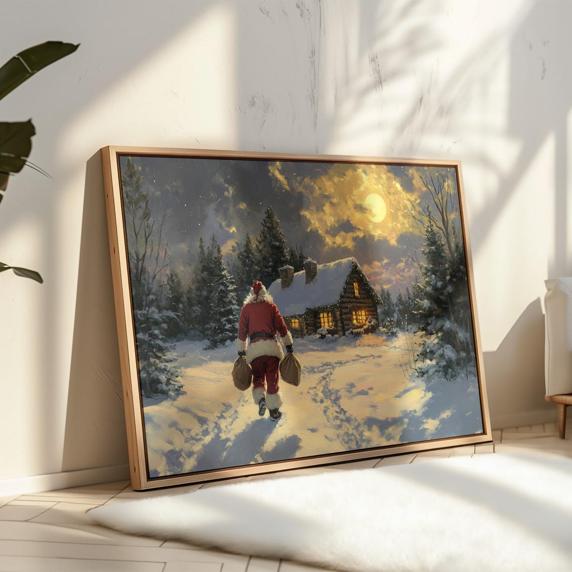 Santa Walking To A Snowy Cabin Under The Bright Full Moon Poster