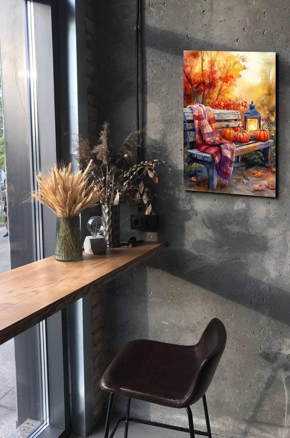 Watercolor Autumn Bench With Pumpkins Lantern and Plaid Blanket Poster - Image 4