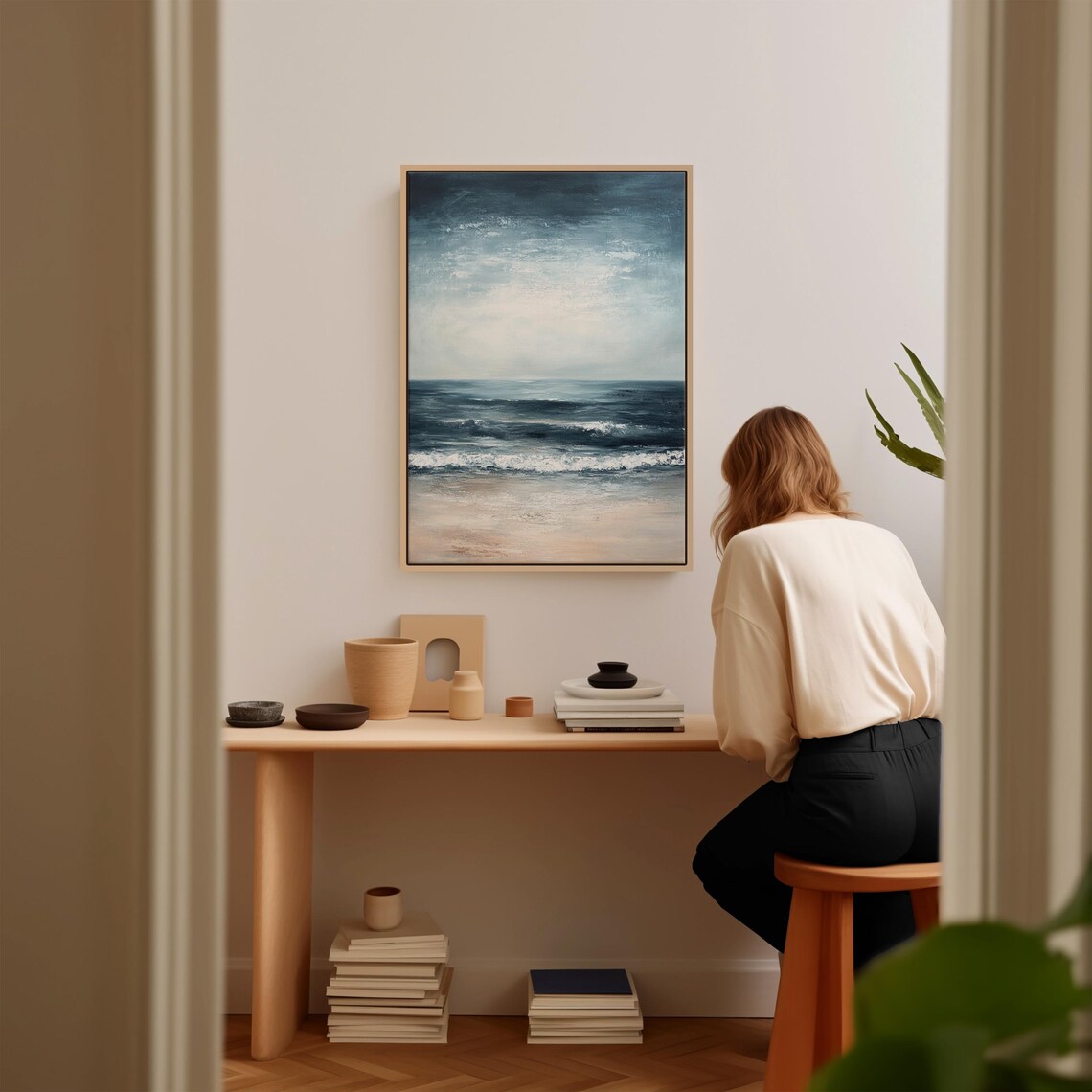 Moody Dark Blue Ocean Waves Coastal Seascape Oil Painting Poster - Image 5