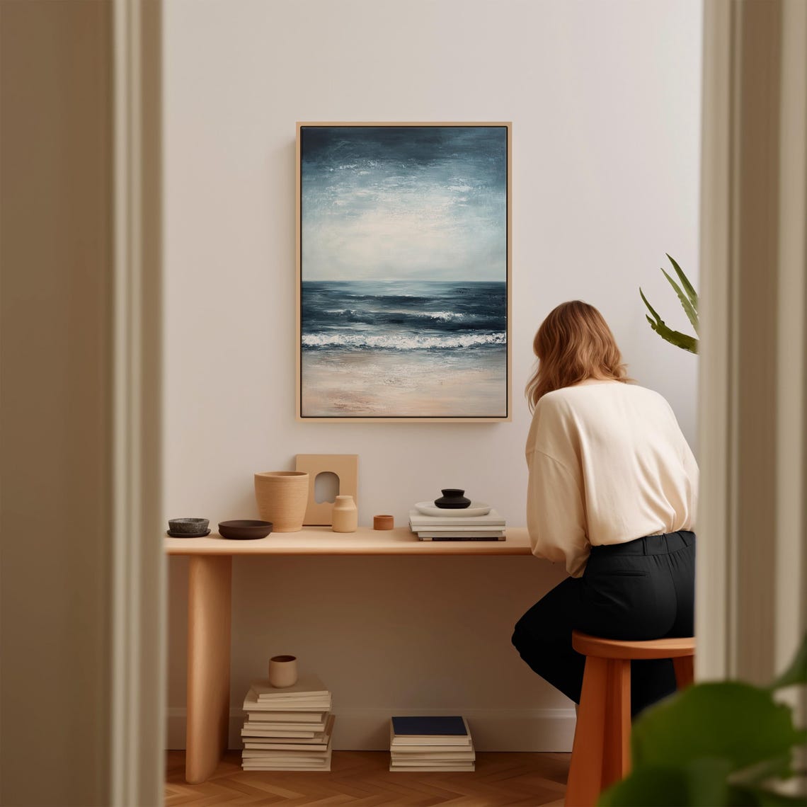 Moody Ocean Waves Oil Painting Coastal Wall Art Minimalist Seascape Print Modern Beach Decor Dark Blue Sea - Image 5