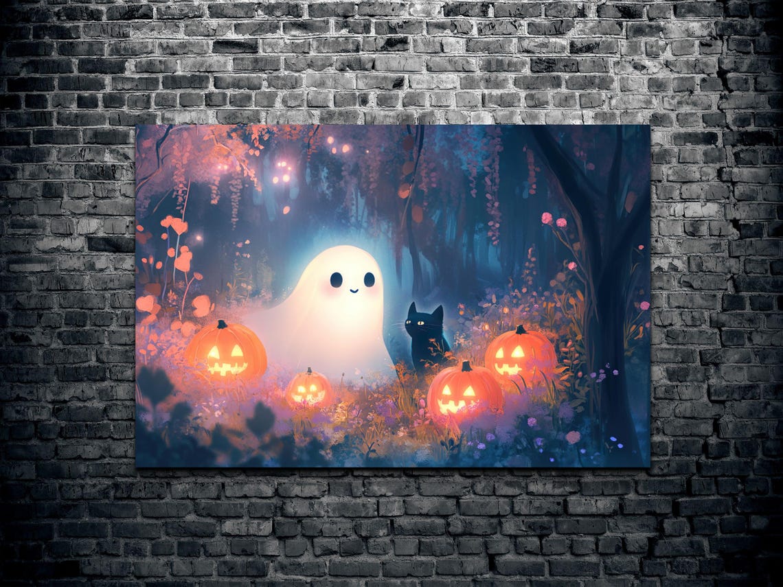 Smiling Ghost Black Cat Pumpkins Magical Forest Scene Poster - Image 2