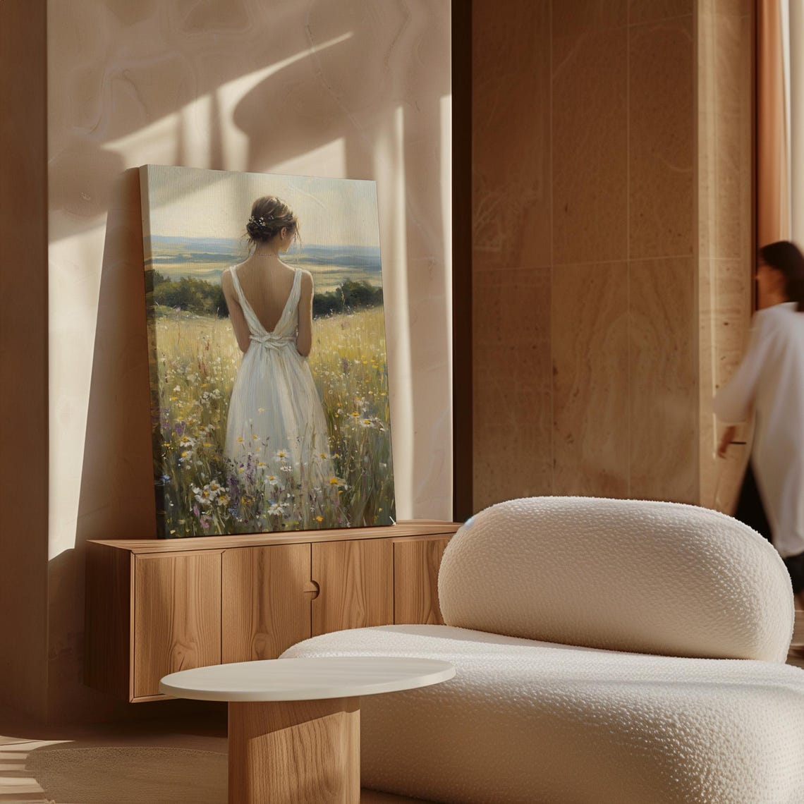 Woman In White Dress Wildflower Meadow Overlooking Valley Poster - Image 7