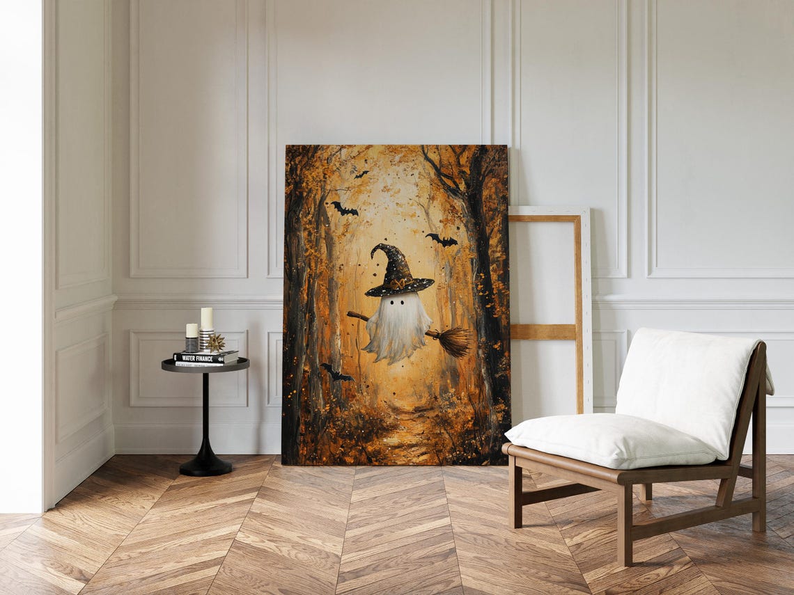 Halloween Ghost Witch Hat Broom Spooky Cute Fall Forest Art Print - Image 2