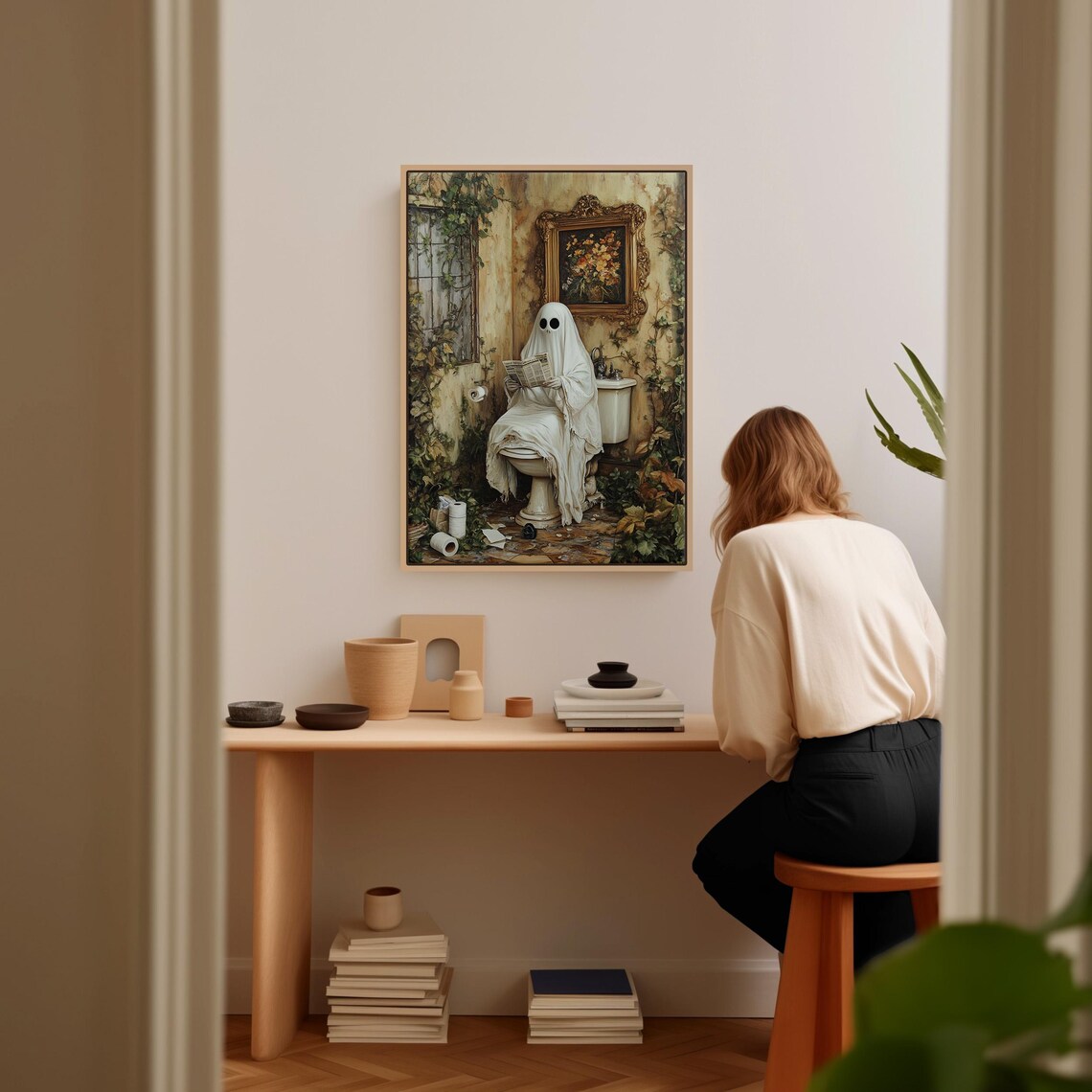 Funny Ghost Reading Newspaper on Toilet in Overgrown Vintage Bathroom Poster - Image 3