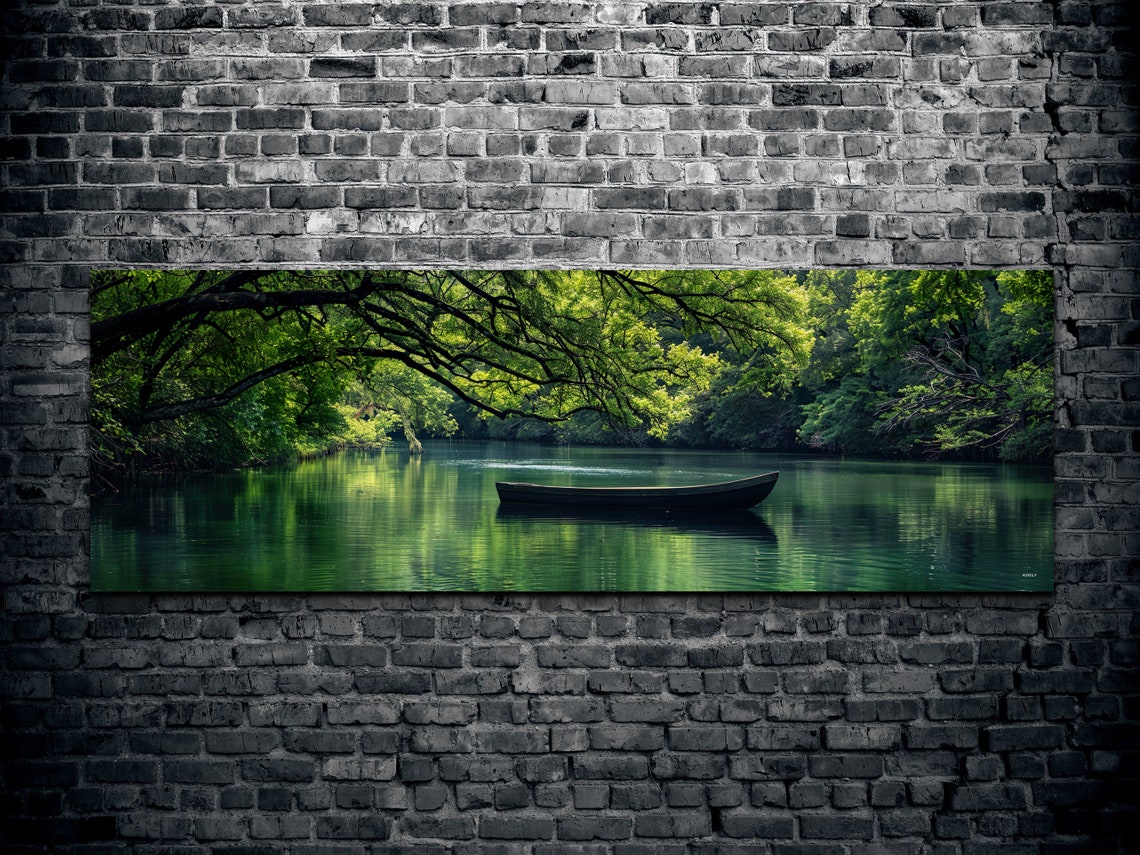 Lone Wooden Canoe On Calm Green River Under Overhanging Trees Poster - Image 2