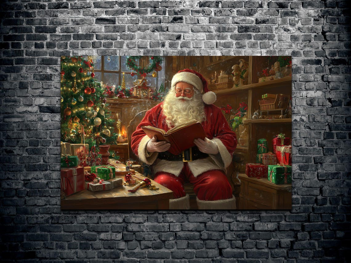 Santa Claus Reading Book Toy Workshop Vintage Christmas Poster - Image 2
