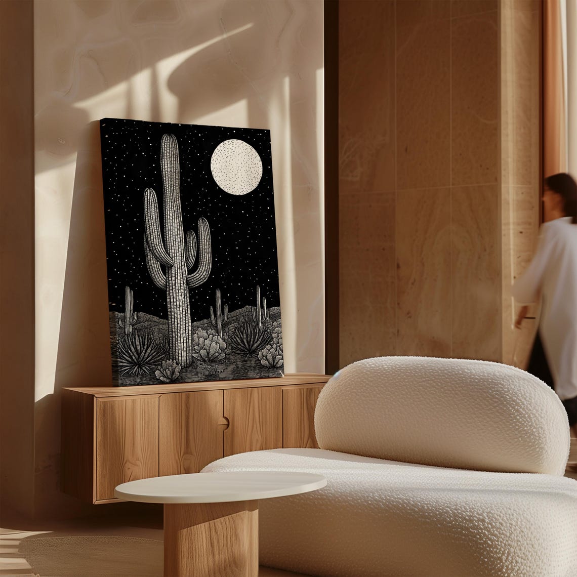 Bold Black Night Desert Cactus Illustration with Stars and Moon Poster - Image 4