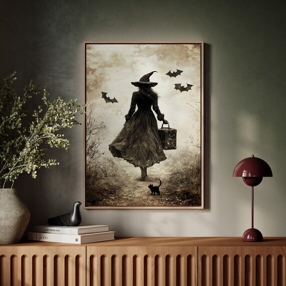 Traveling Witch Silhouette With Black Cat Bats Vintage Sepia Halloween Print