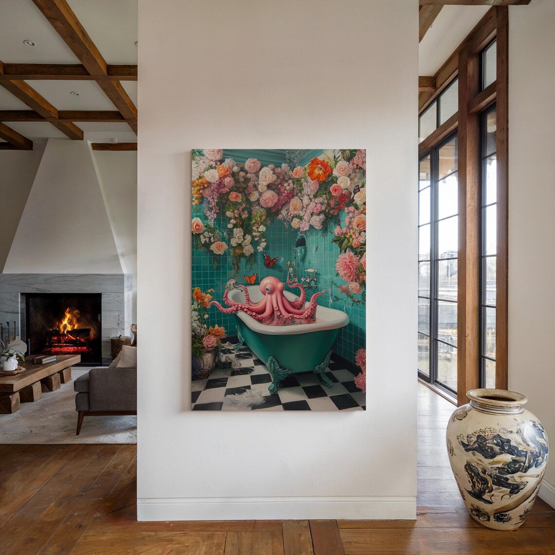 Whimsical Octopus In Floral Bathroom Surreal Art Print - Image 5