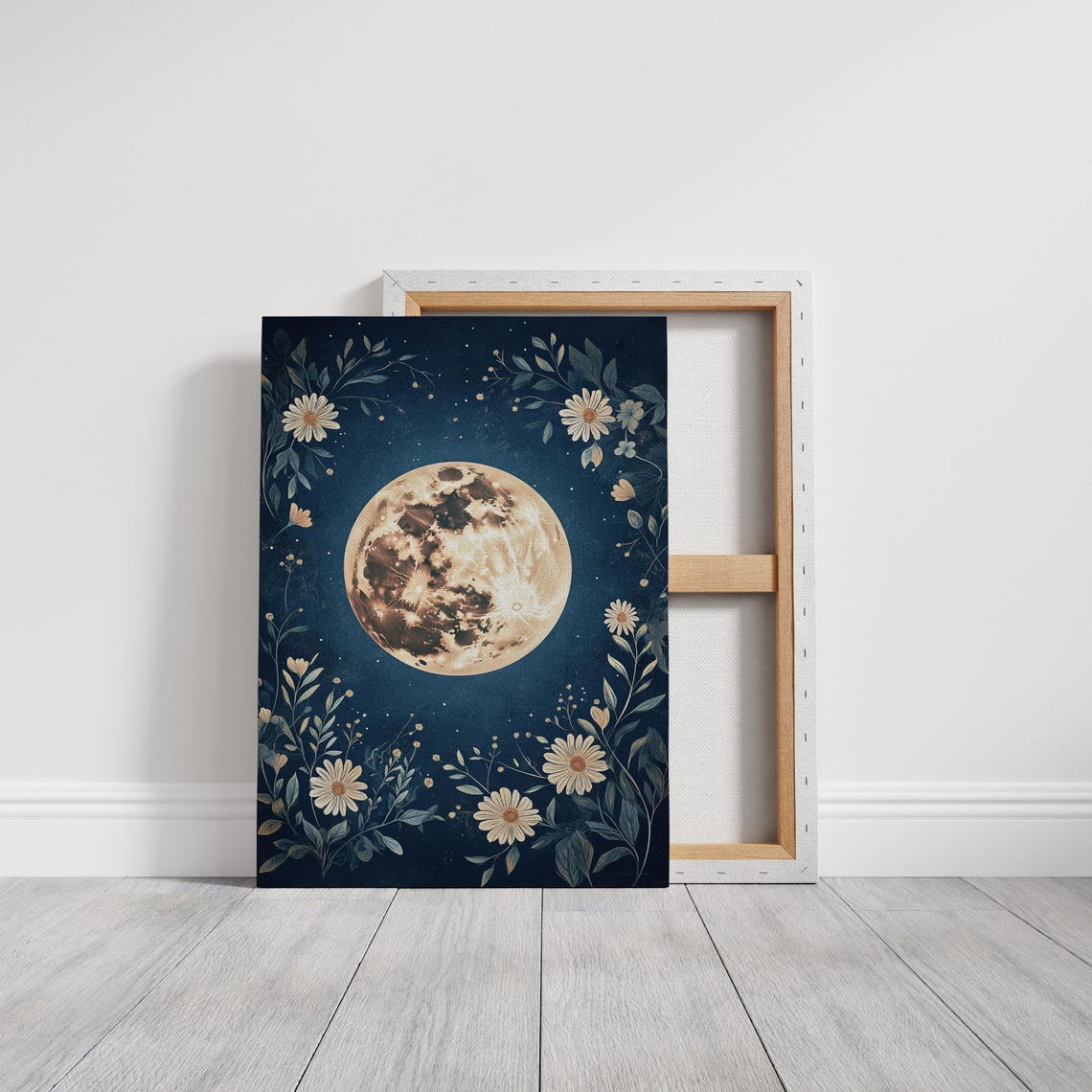 Full Moon Teal Night Sky Daisy Botanical Celestial Art Poster - Image 4