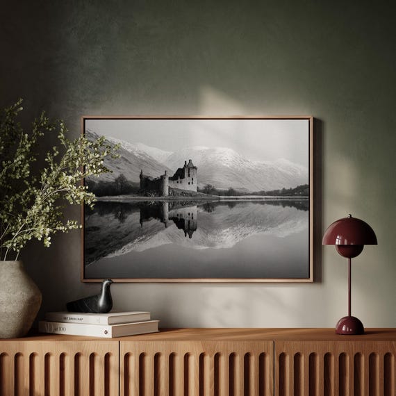 Black And White Castle Canvas Wall Art Medieval Ruins With Mountain Reflection Historic Landscape Print For Living Room Or Study Dcor