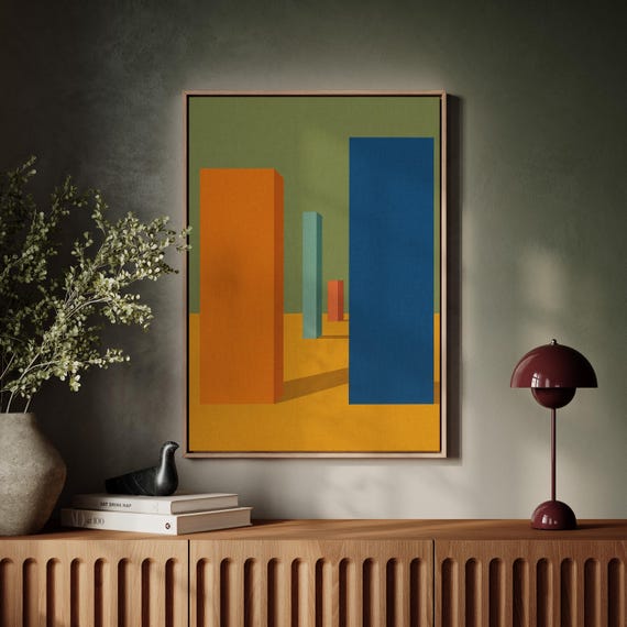 Colorful Geometric Blocks Canvas Mid Century Modern Abstract Wall Art With Bold Shapes And Earthy Minimalist Palette