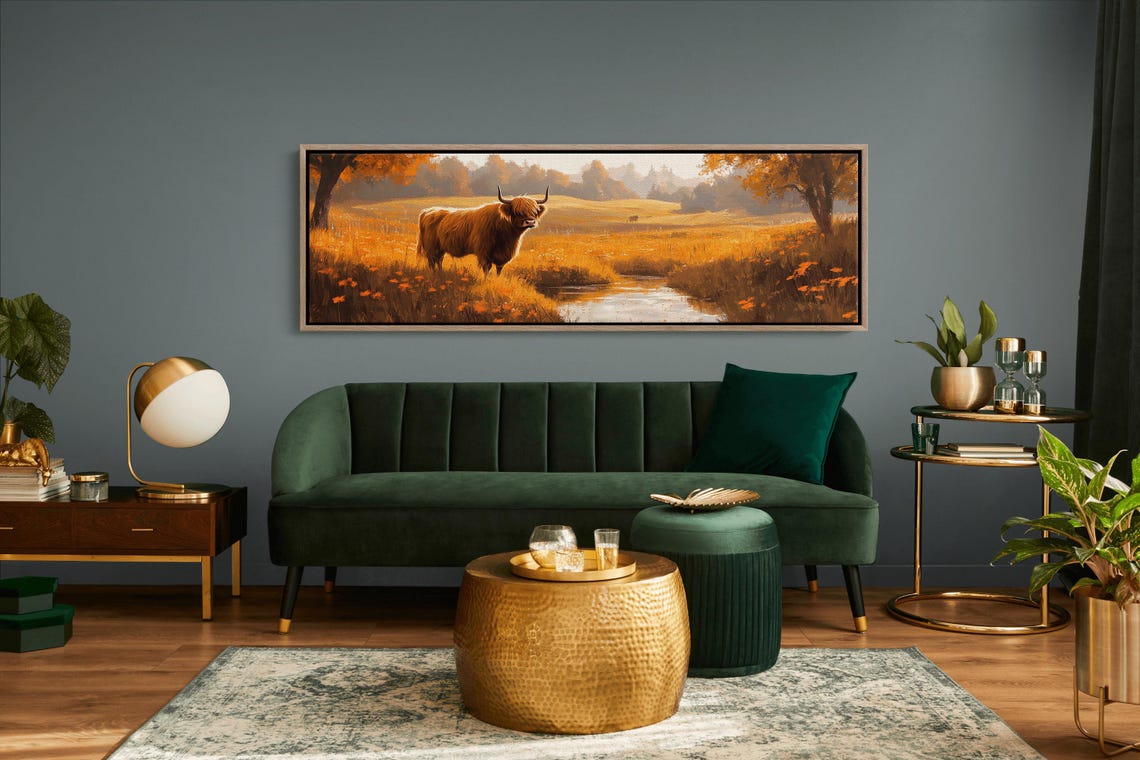 Highland Cow Autumn Meadow River Rustic Farmhouse Landscape Poster - Image 6